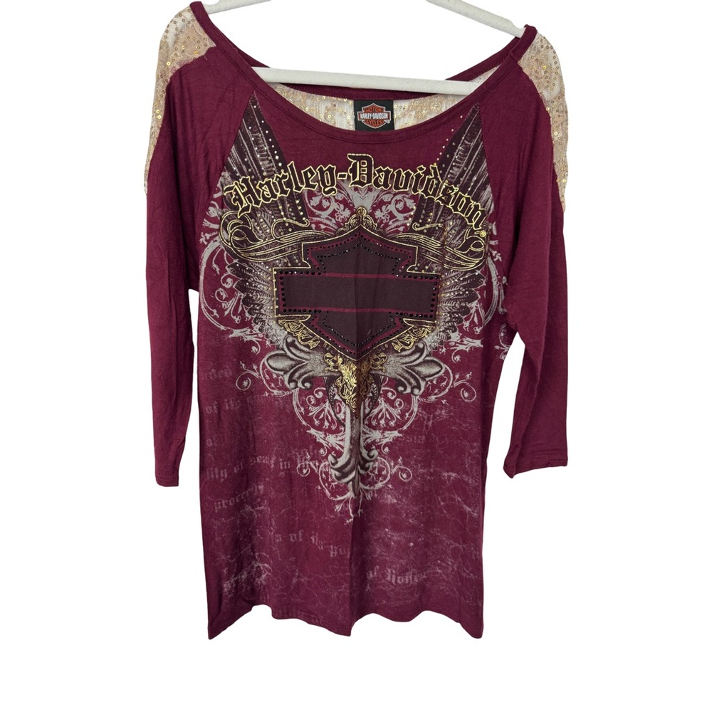 Harley-Davidson 3/4 Sleeve Lace Embellished Burgundy Tshirt Wom Size L Y2K